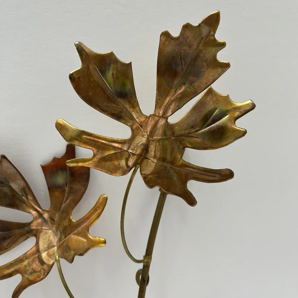 Vintage Brutalist-Style Wall Art Copper Toned Maple Leaves Metal Stem 12x15
